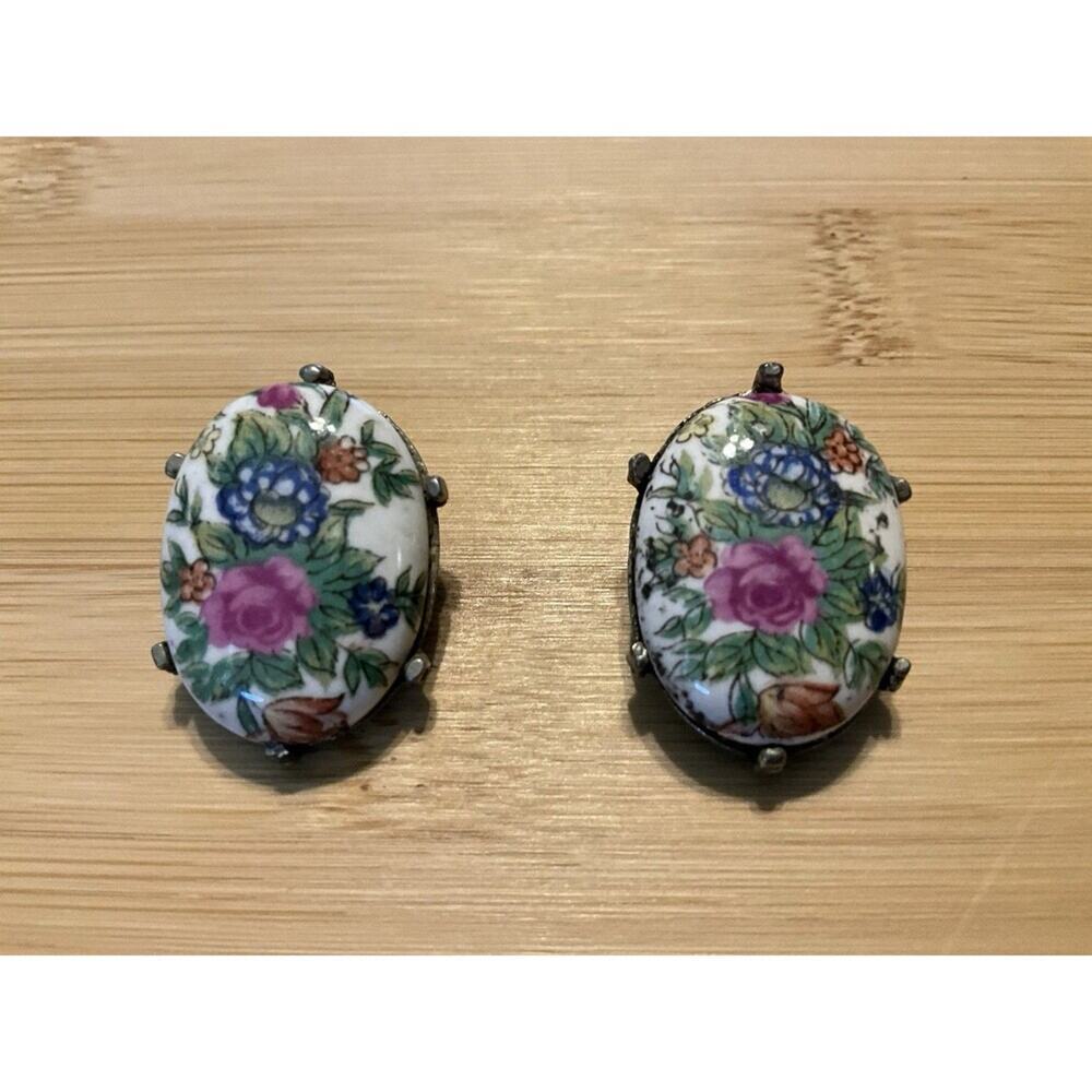 Vintage Japan Ceramic Hand Painted Clip On Earrings